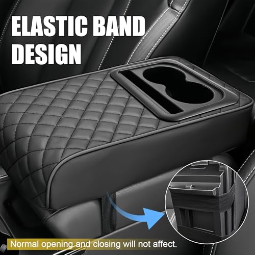 Leather Car Armrest Cup Holder Cushion, Memory Foam Car Arm Rest Cushion with Cup Holder & Phone Storage, Waterproof Ergonomic Armrest Box, 13.78" x 7.78" (Black)