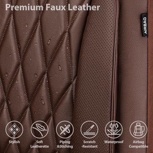 CAR PASS Piping Luxury Faux PU Leather Two Front Car Seat Covers, Waterproof Anti Slip Seat Covers Compatible with Front Seat Armrests,Universal Fit for Suvs,Vans,Trucks,Airbag Compatible, All Brown - color: Brown, size: Two Front