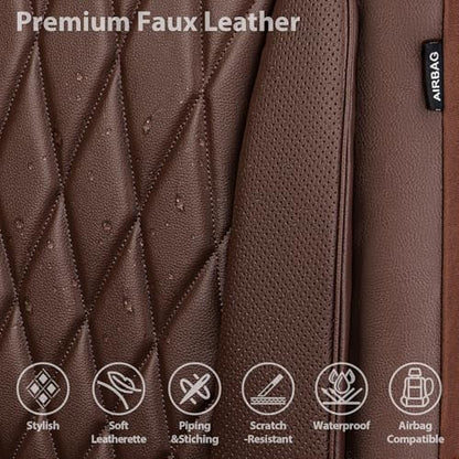 CAR PASS Piping Luxury Faux PU Leather Two Front Car Seat Covers, Waterproof Anti Slip Seat Covers Compatible with Front Seat Armrests,Universal Fit for Suvs,Vans,Trucks,Airbag Compatible, All Brown - color: Brown, size: Two Front