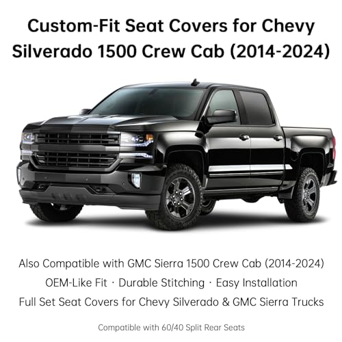 W&PMAX Custom-Fit Black Seat Covers Full Set for Chevy Silverado & GMC Sierra 2007–2026, Fit 1500/2500/3500HD Crew/Double/Extended Cab, Waterproof Leather Truck Seat Protectors