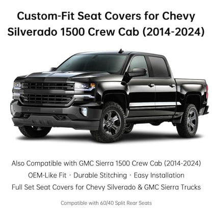 W&PMAX Custom-Fit Black Seat Covers Full Set for Chevy Silverado & GMC Sierra 2007–2026, Fit 1500/2500/3500HD Crew/Double/Extended Cab, Waterproof Leather Truck Seat Protectors
