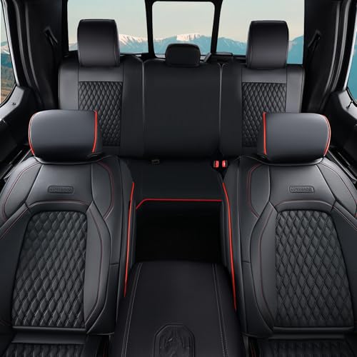 Coverado Dodge Car Seat Covers Full Set, Waterproof Leather Seat Covers for Car Fit for 2009-2018 Dodge RAM 1500, 2010-2024 2500 3500 Automotive Vehicle Seat Covers Protector for Trucks, Red line - color: Red line, size: Flat Front&Curved Rear
