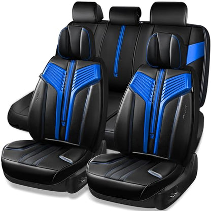 CAR PASS Nappa Leather Seat Covers, Breathable Waterproof Car Seat Covers Full Set, Luxury Leather Front and Back Seats Full Coverage, Universal Fit SUV Pick-up Truck Sedan Automotive(Black Blue) - color: Black Blue, size: Full Set Full Coverage