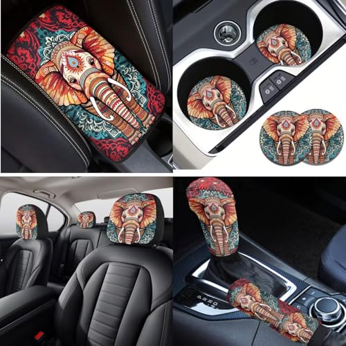 Boho Elephant Print 16 Piece Car Seat Cover Full Set, Car Front Back Seat Cover Steering Wheel Cover Armrest Pads Seatbelt Cover Car Handbrake Cover Gear Shift Cover, Car Interior Accessories - color: Red and Blue - Boho Elephant