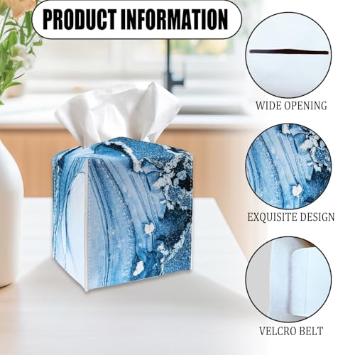 Tissue Box Cover Holder - Blue Marble PU Leather Tissue Box Cover with Bottom Belt, Modern Square Facial Paper Organizer for Tabletop, Bathroom, Kitchen, Car & Office -033 - color: Blue Marble 1