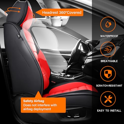 MINGBRON Front Car Seat Covers, Leather Car Seat Covers, Fit for Most Cars SUV and Most Sedan Red - color: Black Red, size: Front Pair