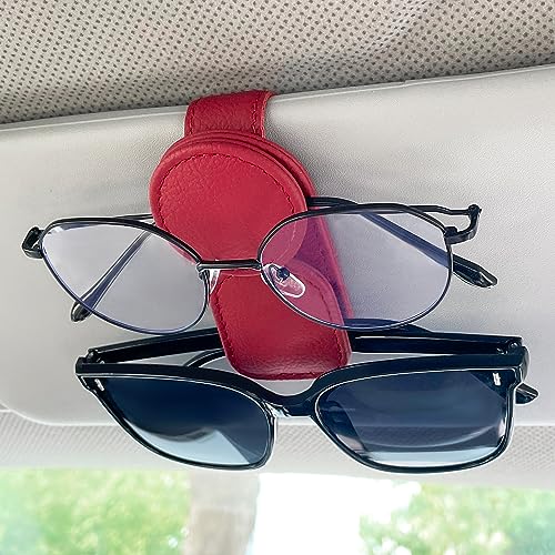 KIWEN Sunglasses Holder for Car Visor, Magnetic Leather Sunglass Eyeglass Hanger Clip for Car Sun Visor Accessories (1, Red) - color: red, size: 1 Pack