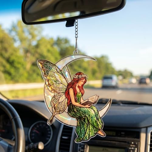 Stained Glass Fairy Sitting on Crescent Moon Decorative Hanging Ornament, Stained Acrylic Fairy Reading a Book Suncatcher, Car Rearview Mirror Charm, Gift for Fairy Lovers, Women,Girls,Teachers,Sun-39
