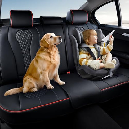 Coverado Car Seat Covers, Rear Car Protectors, Black Leather Seat Covers, 3-Piece Waterproof Automotive Seat Covers for Back Seats Universal Fit for SUVs & Cars, All-Weather Protection - color: Black&Red line