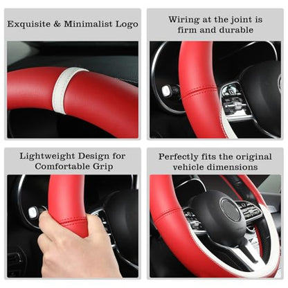 Car Leather Steering Wheel Cover - Panapi Material, Universal 14.5-15 Inch Leather Anti-Slip Breathable Auto Steering Wheel Covers for Men Women (Nappa Leather - Red & White) - color: Nappa Leather - Red & White