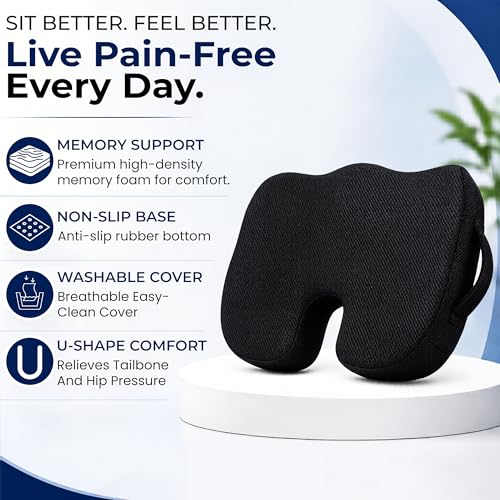 Premium Orthopedic Memory Foam Seat Cushion for Office Chair & Car Seat .Ergonomic U-Shape Coccyx Pillow for Tailbone & Sciatica Pain Relief Lower Back Problems and Long Sitting Comfort. (Black)