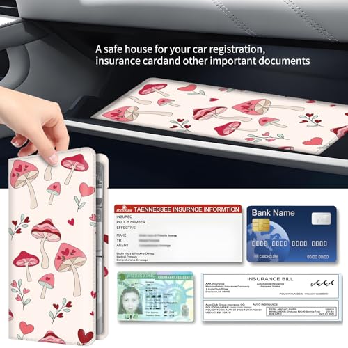 Premium Car Registration and Insurance Card Holder, Cute PU Leather Car Document Holder, Vehicle Glove Box Car Organizer with Magnetic Closure for Driver License, Cards Pink Mushroom - color: Pink Mushroom