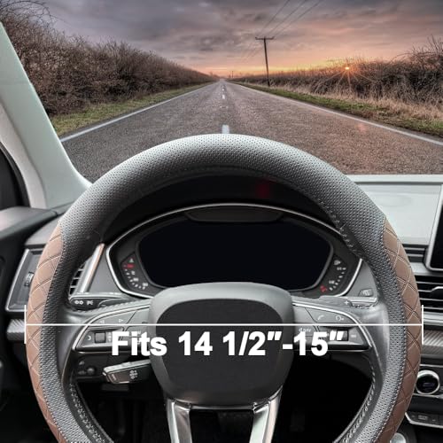 Nappa Leather Steering Wheel Cover,Elegant Diamond Checkered Design, Non-Slip wear-Resistant, Enhance Driving Comfort, Suitable for Steering Wheel Diameter 14 1/2‘-15’ Models.Black Brown - color: Black Brown