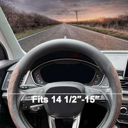 Nappa Leather Steering Wheel Cover,Elegant Diamond Checkered Design, Non-Slip wear-Resistant, Enhance Driving Comfort, Suitable for Steering Wheel Diameter 14 1/2‘-15’ Models.Black Brown - color: Black Brown