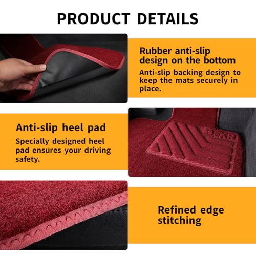 EKR All-Weather Universal Fit Car Floor Mats, 0.5 inch Thick Car Carpet Mats, Anti-Slip Automotive Mat with Driver Heel Pad Fit for SUV, Vans,Sedans, Trucks (Burgundy,4pcs Black Full Set) - color: Burgundy