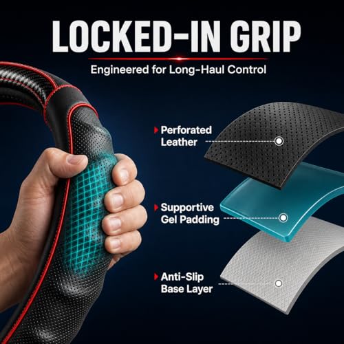 18 Inch Semi Truck Steering Wheel Cover for Freightliner Cascadia, Kenworth T680 T880, Peterbilt 579, Volvo VNL - Anti-Slip Carbon Fiber Grip - Carbon Red - color: Black Red