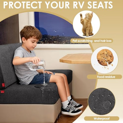 Waterproof RV Dinette Cushion Covers - Stretch Fabric Camper Seat Slipcover Replacement, Washable RV Couch Cover Designed for Camper Car Bench (Loveseat 2 Bench Cover, Dark Grey)