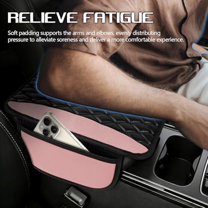 wuyaoyao Car Center Console Cover, 12.2"×7.5" Waterproof Leather Auto Armrest Cover Protector with Side Pockets, Stylish Comfortable Vehicle Arm Rest Box Cushion Pad, Car Accessories (Pink) - color: Pink