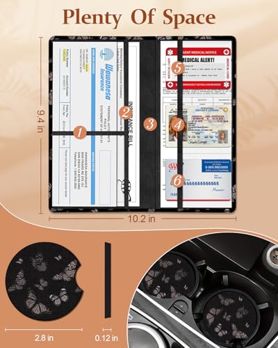 Slohif Car Registration and Insurance Holder - Butterfly Vehicle Glove Box Organizer Women with Magnetic Shut Leather Automobile License Holders Coasters Auto Accessories Case for Document - color: Romantic Butterflies