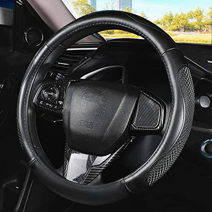 Leather Car Steering Wheel Cover 15 inch Universal Fit Microfiber Steering Wheel Cover Anti-Slip, Soft, Breathable, Full Surround Car Wheel Cover - color: Black