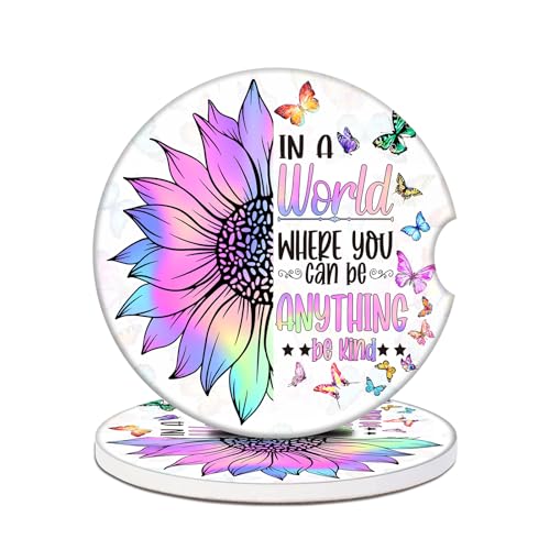 2 Pack Car Cup Holder Coasters - Be Kind Sunflower Butterfly Absorbent Ceramic Coaster, Car Coasters for Cup Holders, Car Interior Accessories for Women Men - color: Be Kind Sunflower