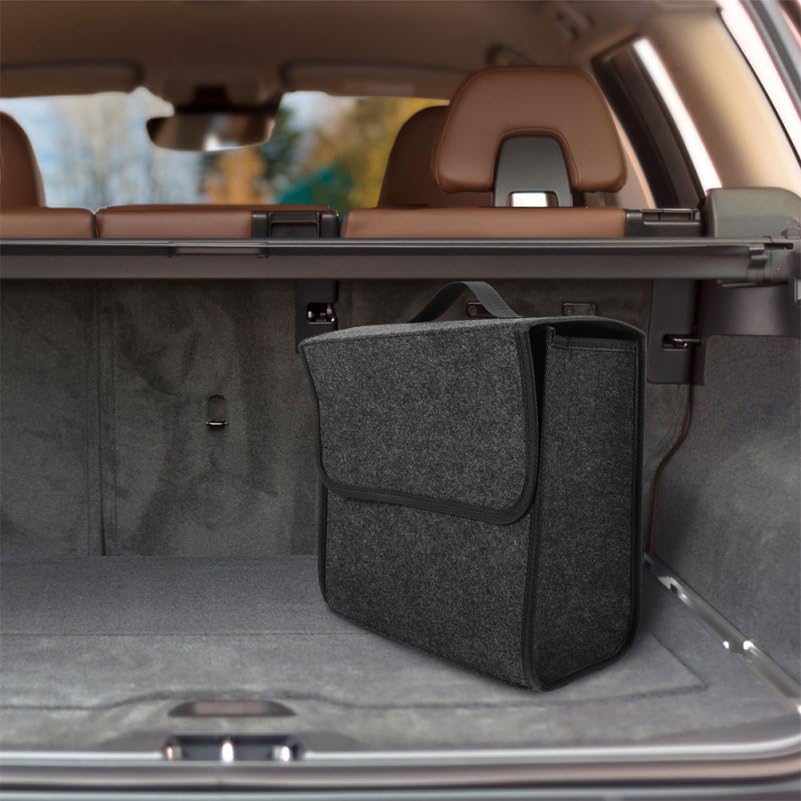2-Pack Felt Car Trunk Organizer with Lid: Small Collapsible Cargo Storage Box Bin for Compact Sedan & SUV - Anti-Slip Noise-Free Auto Interior Storage Bag for Groceries & Tools, 11.79"x11.00"