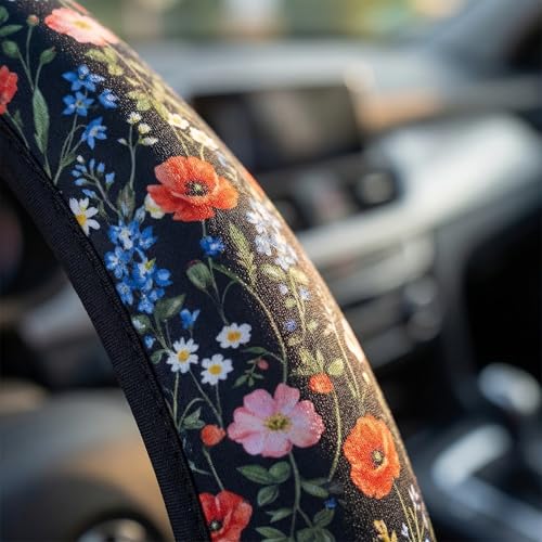 Wildflower Car Steering Wheel Cover - Multicolor Wildflower Steering Wheel Cover Anti-Slip Breathable Universal for 15 Inch Car 2 Pieces Coasters Suitable for Men Women - color: Wildflower