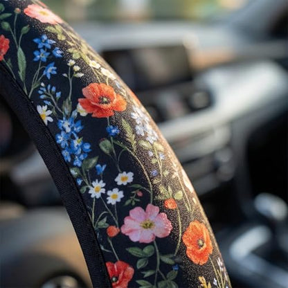 Wildflower Car Steering Wheel Cover - Multicolor Wildflower Steering Wheel Cover Anti-Slip Breathable Universal for 15 Inch Car 2 Pieces Coasters Suitable for Men Women - color: Wildflower