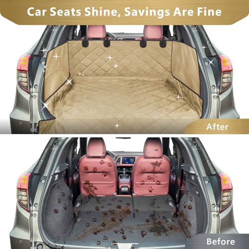 F-color SUV Cargo Liner for Dogs - Waterproof Pet Cargo Liner with Side Flaps, Comfort Dog Cargo Cover with Bumper Flap, Scratchproof Non-Slip Large for Full-Size SUVs Vans, 55 x 93 Inch, Khaki - color: Khaki, size: Large Extended (With Flaps) 93"