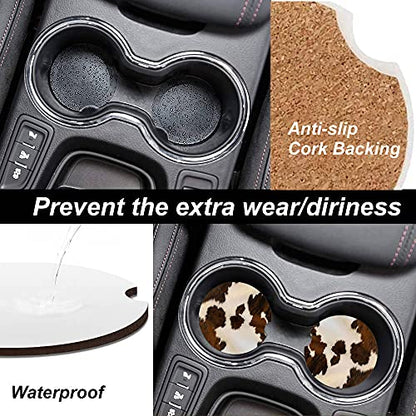 Absorbent Car Coasters 2 Pack for Women/Men,Cow Hide Car Coaster for Drinks,Ceramic Stone Car Cup Holder with A Finger Notch,Farm Animal Brown Cowhide Skin Print Cow - color: Cow Hide