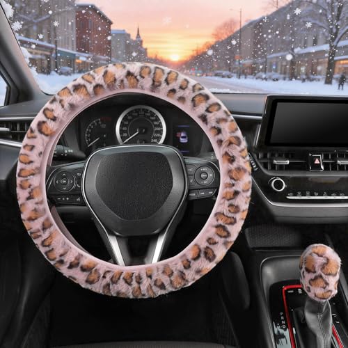 SEG Direct Furry Car Steering Wheel Cover with Gear Shift Cover, Soft and Warm, Cute Fluffy Auto Decor for Women Men, Standard Size, 2 PCS Set, Pink Leopard - color: Pink Leopard