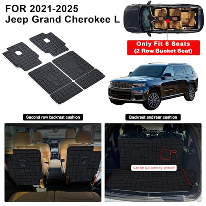 Floor Mats & Cargo Liner for 2021-2025 Jeep Grand Cherokee L (6-Passenger Without Center Console) - All Weather TPE Custom Fit, 1-3 Rows & Second-Row backrest Protectors - size: 2021-25|CherokeeL6|full Set
