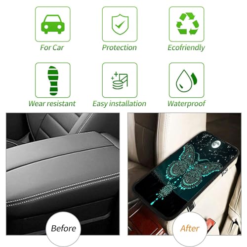 Universal Auto Center Console Pad and 2Pcs Car Coasters Set, Anti Slip Soft Neoprene Car Armrest Seat Box Cover Protector Universal Fit - Car Interior Accessories, Green Butterfly - color: 498