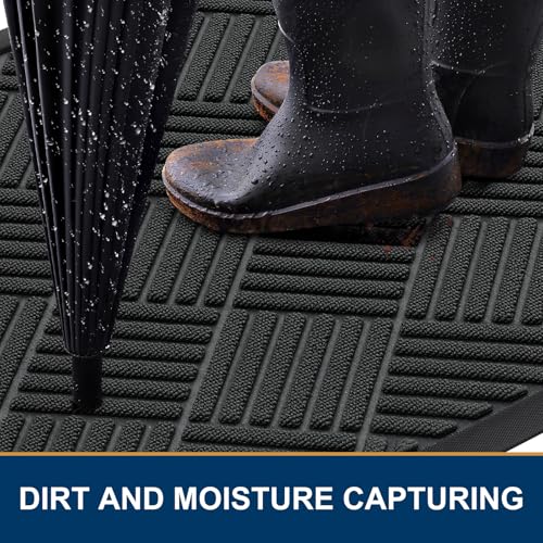Smiry Front Door Mat Outside Entrance, Heavy Duty Outdoor Indoor Natural Rubber Doormat, Non Slip, Trap Dirt and Moisture, Easy Clean, Low Profile Patio Porch Entryway Mat, 59x20, Black