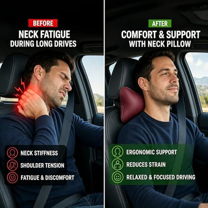 Car Pillow for Car Neck Pillow for Driving Seat Leather Neck Support Soft Cushion Support Head-Rests for Vehicle Sleeping with Elastic Adjustment Strap 2PCS (Neck, Red)