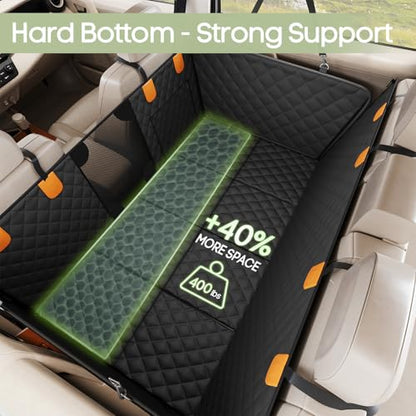 Dog Car Seat Cover for Back Seat, Hard Bottom Back Seat Extender Supports 400lbs, Waterproof Rear Seat Pet Cover, Dog Hammock with Mesh Window for Car SUV