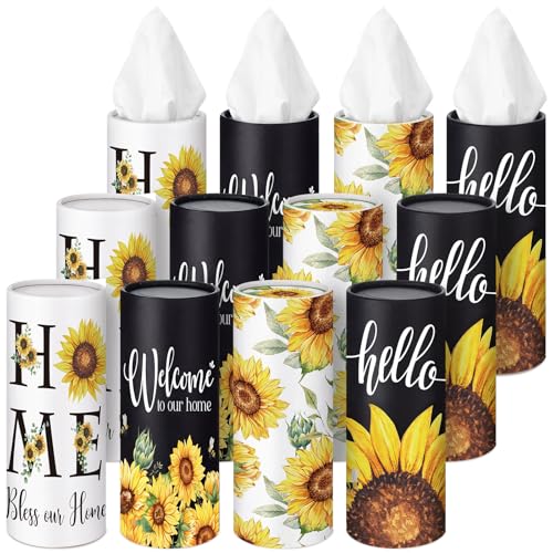 12 Pack Sunflower Tissue Cylinder Holder Bulk with 3 Ply Facial Tissues Black and White Round Napkin Holders Cylinder Flower Travel Paper Tubes Bulk Napkin for Spring Travel Home Decor - style: Elegant Sunflower