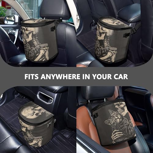 MNSRUU Car Trash Can with Lid, Cat Snuggled Human Skeletal Skull Car Trash Bag Hanging Organizers and Storage for Front Back Seat, Leak-Proof Trash Bin - color: Skull I9450