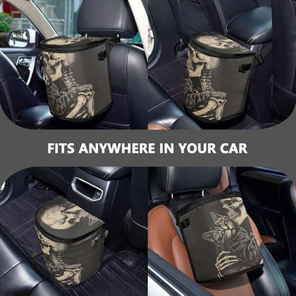 MNSRUU Car Trash Can with Lid, Cat Snuggled Human Skeletal Skull Car Trash Bag Hanging Organizers and Storage for Front Back Seat, Leak-Proof Trash Bin - color: Skull I9450