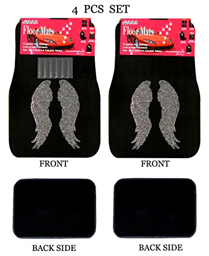 Universal Fit Car Truck Front/Rear 4-Piece Full Set Angel Crystal Bling Rhinestone Studded Black Carpet Floor Mats (Angel Wing/Black) - color: Angel Wing/Black