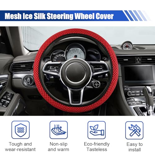 Elastic Stretch Steering Wheel Cover, 15" Breathable Microfiber Ice Silk Steering Wheel Protector, Universal Anti-Slip Car Warm in Winter&Cool in Summer Accessories for Men Women (Red) - color: Red