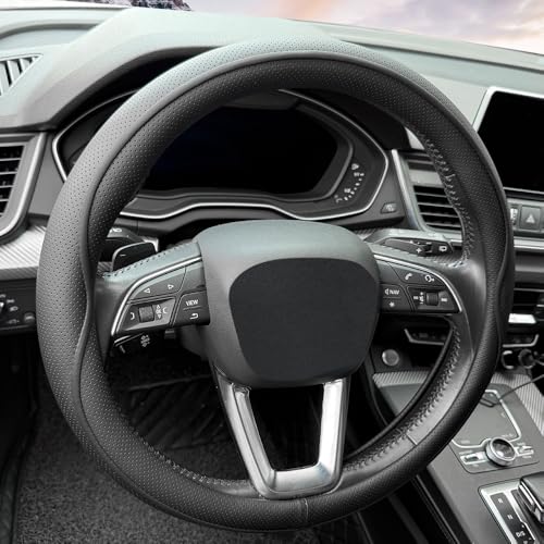 HAOTULE Leather Steering Wheel Cover， with Anti-Slip Stripe Design - Enhanced Grip, Fashion Style, Safe, Non-Slip, Breathable. Upgrade car Interior，Black - color: Black
