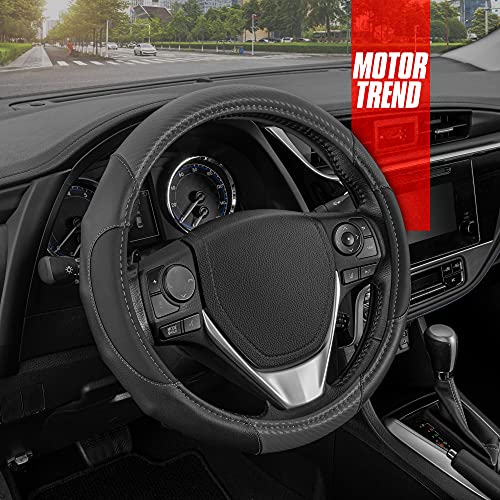 Motor Trend GripDrive Gray Carbon Fiber Steering Wheel Cover, Standard 15 inch Size, Black Faux Leather Comfort Grip, Car Steering Wheel Cover for Auto Truck Van SUV - color: Black & Gray GripDrive, size: Fits 14.5 - 15" SW