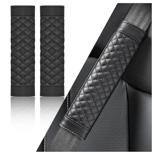 2PCS Car Seat Belt Cover Pad,Soft Leather Seatbelt Covers Breathable Seatbelt Cushion with Plaid Design,All Seasons Universal Car Interior Accessories Seat Belt Cover for Kids & Adults (Black)