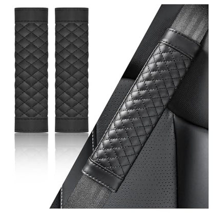 2PCS Car Seat Belt Cover Pad,Soft Leather Seatbelt Covers Breathable Seatbelt Cushion with Plaid Design,All Seasons Universal Car Interior Accessories Seat Belt Cover for Kids & Adults (Black)