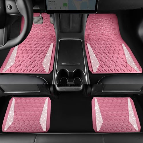 CAR PASS Bling Diamond Car Mats Rubber Floor Mats Full Set Anti-Slip 3D Rhombus Waterproof Trim to Fit Liner Universal Glitter Crystal Sparkly Shining Rhinestone Girl Women SUV Sedan Van, Pink Rubber - color: Pink Rubber