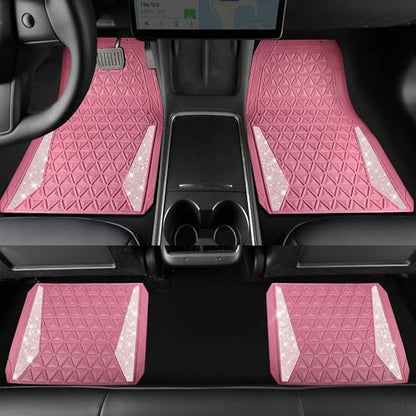 CAR PASS Bling Diamond Car Mats Rubber Floor Mats Full Set Anti-Slip 3D Rhombus Waterproof Trim to Fit Liner Universal Glitter Crystal Sparkly Shining Rhinestone Girl Women SUV Sedan Van, Pink Rubber - color: Pink Rubber