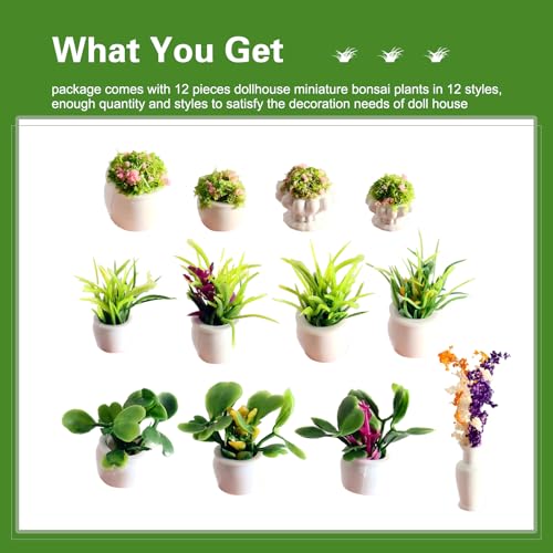 12 PCS Mini Car Plant Decor, Miniature Bonsai Faux Flower Potted Plants for Dashboard Decoration, Universal Cars Interior Decoration Gift (Green)