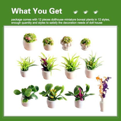 12 PCS Mini Car Plant Decor, Miniature Bonsai Faux Flower Potted Plants for Dashboard Decoration, Universal Cars Interior Decoration Gift (Green)