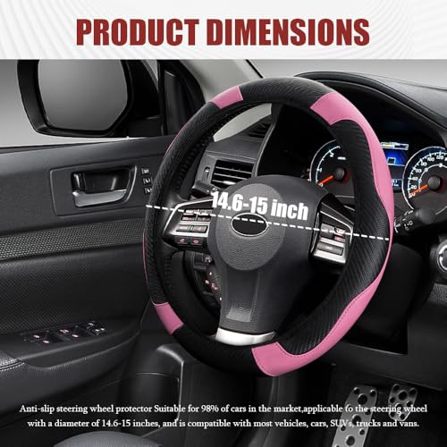 Car Steering Wheel Cover, Steering Wheel Protector, Universal 14.5-15 Inch Microfiber Leather Breathable Auto Steering Wheel Covers, Carbon Fiber Steering Wheel Cover for Women Men (Pink) - color: Pink